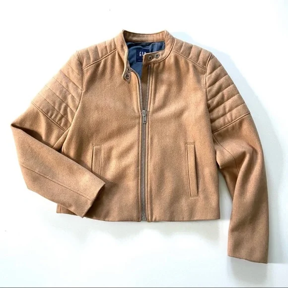 Sold eb GAP Brown Camel Quilted Sleeve Wool Blend Zip Moto Jacket - Picture 1 of 13